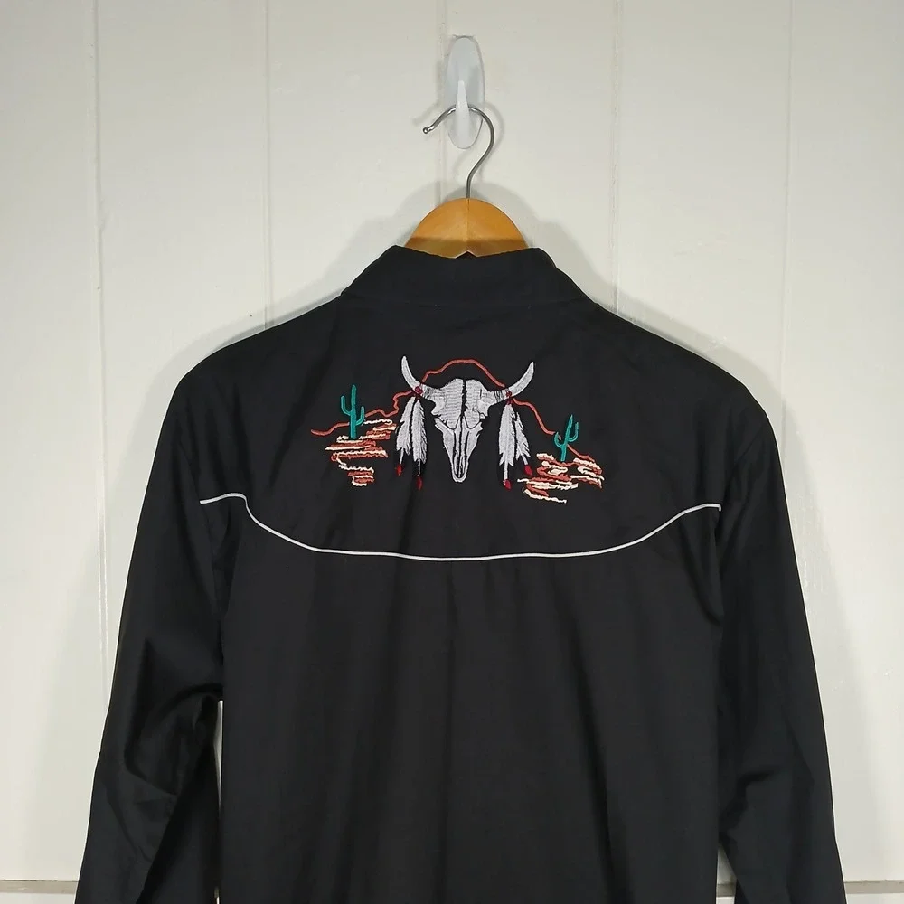 Ely Diamond Steer Skull Embroidered Pearl Snap Western Shirt Mens‎ Large Black